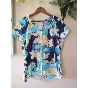 Caribbean Joe Sheer Blue Tropical Floral Blouse
